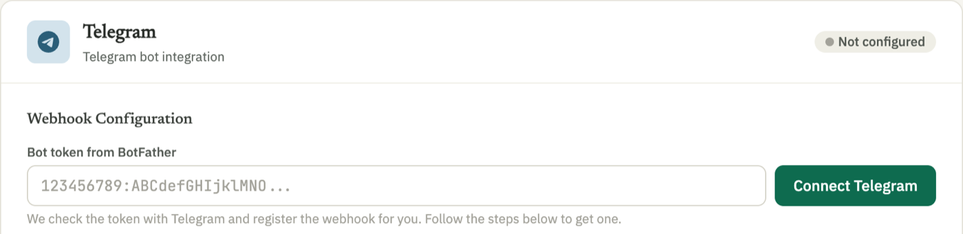 The Telegram card on the Integrations screen of the SIPmind dashboard: a field for the bot key and the Connect Telegram button