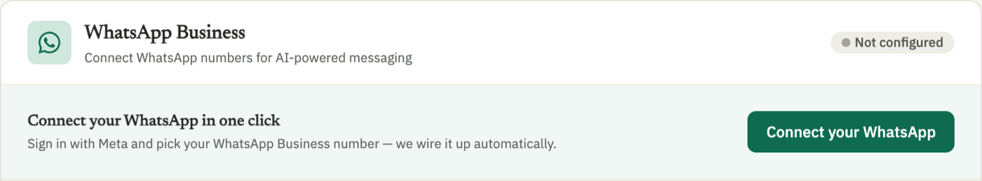 The WhatsApp card on the Integrations screen of the SIPmind dashboard, with the Connect your WhatsApp button