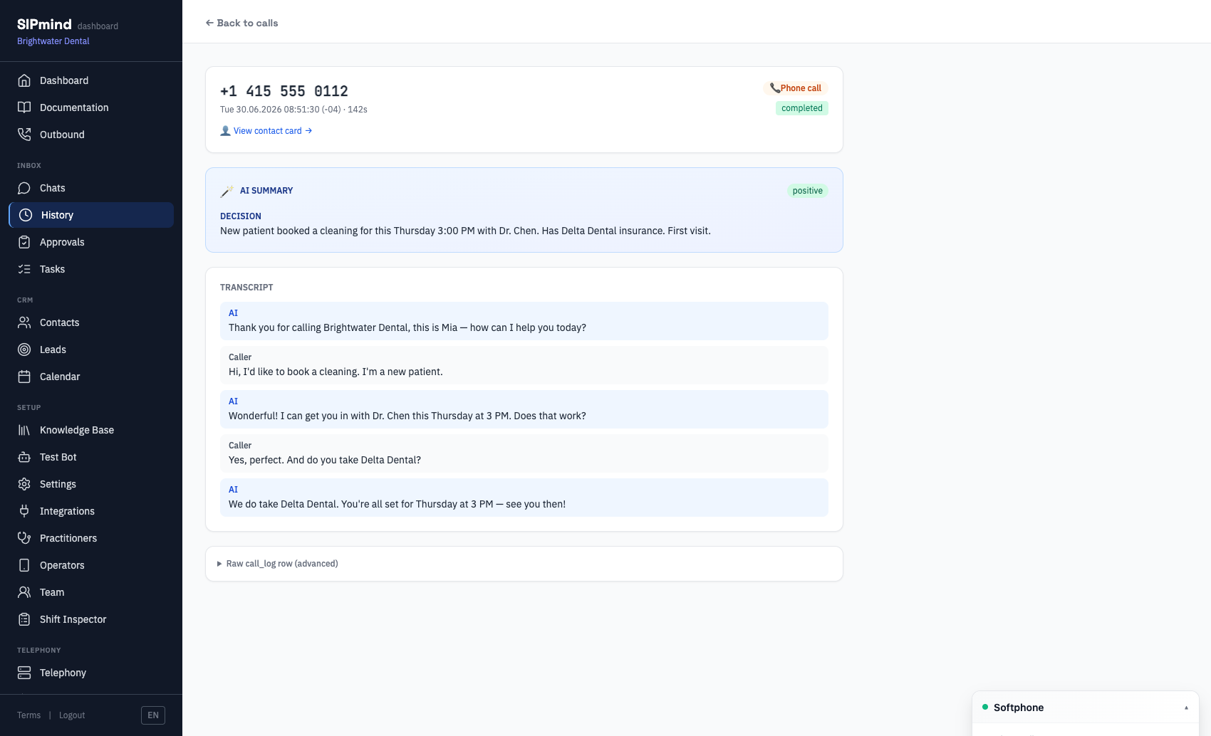 Call transcript and AI summary in the SIPmind dashboard
