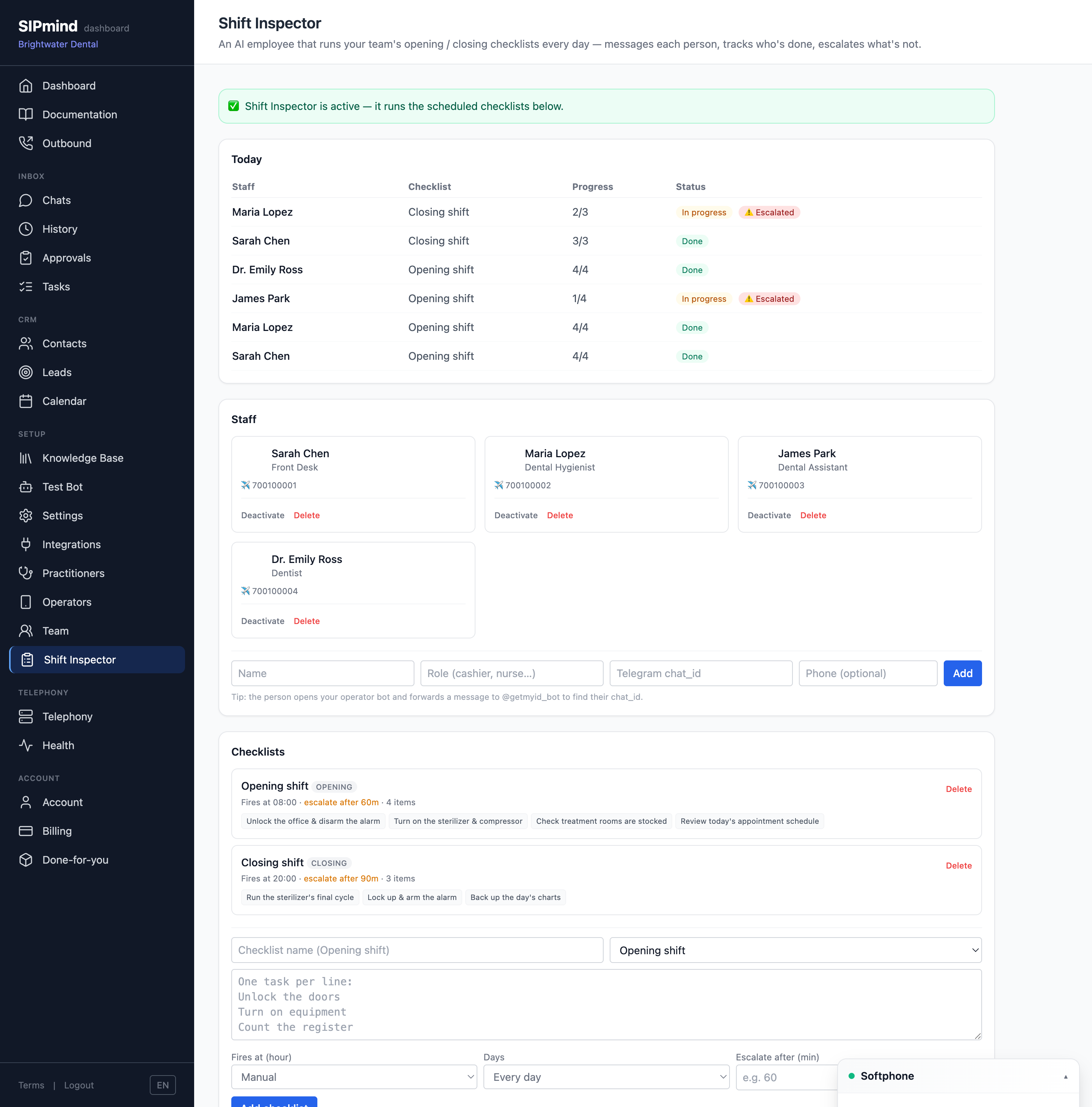 AI Shift Inspector — today's checklist compliance in the SIPmind dashboard